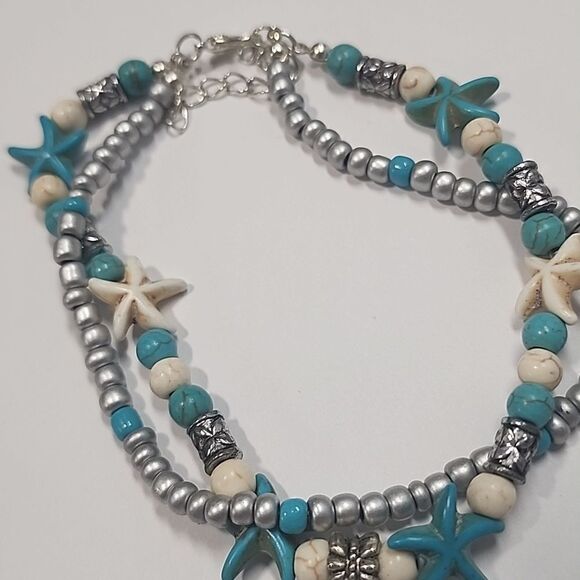 Sea Turtle Starfish beaded Anklet , Turquoise Color Beaded Starfish - Picture 5 of 5